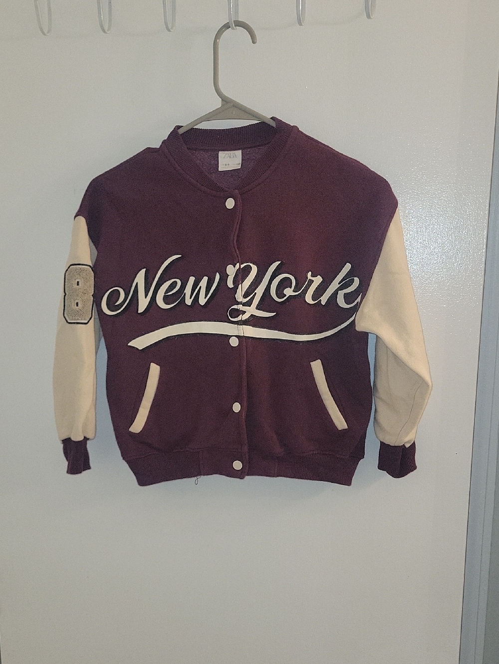 Zara Kids Maroon and Cream 'New York' Varsity Jacket